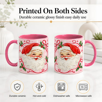 #pl[11oz|Pink] Pink Santa Christmas Ceramic Mug with Holly and Ribbon Holiday Artwork