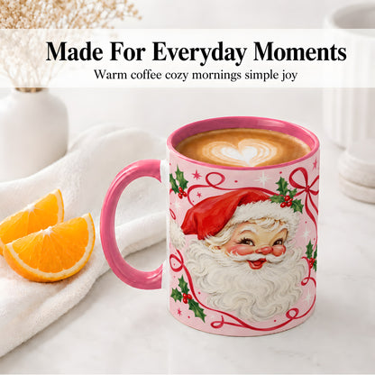 #pl[11oz|Pink] Pink Santa Christmas Ceramic Mug with Holly and Ribbon Holiday Artwork