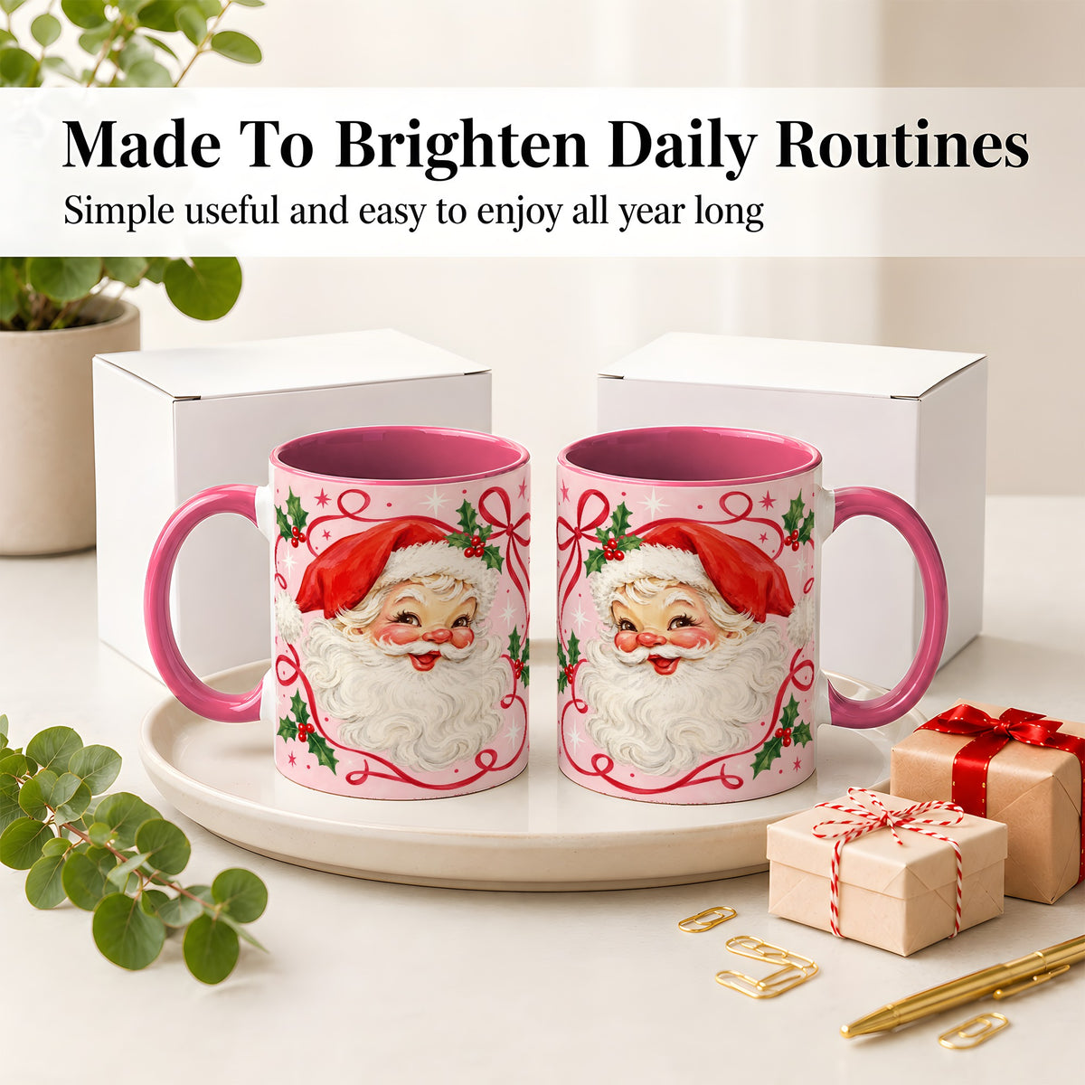 #pl[11oz|Pink] Pink Santa Christmas Ceramic Mug with Holly and Ribbon Holiday Artwork