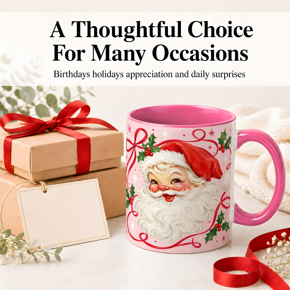 #pl[11oz|Pink] Pink Santa Christmas Ceramic Mug with Holly and Ribbon Holiday Artwork