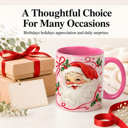 #pl[11oz|Pink] Pink Santa Christmas Ceramic Mug with Holly and Ribbon Holiday Artwork