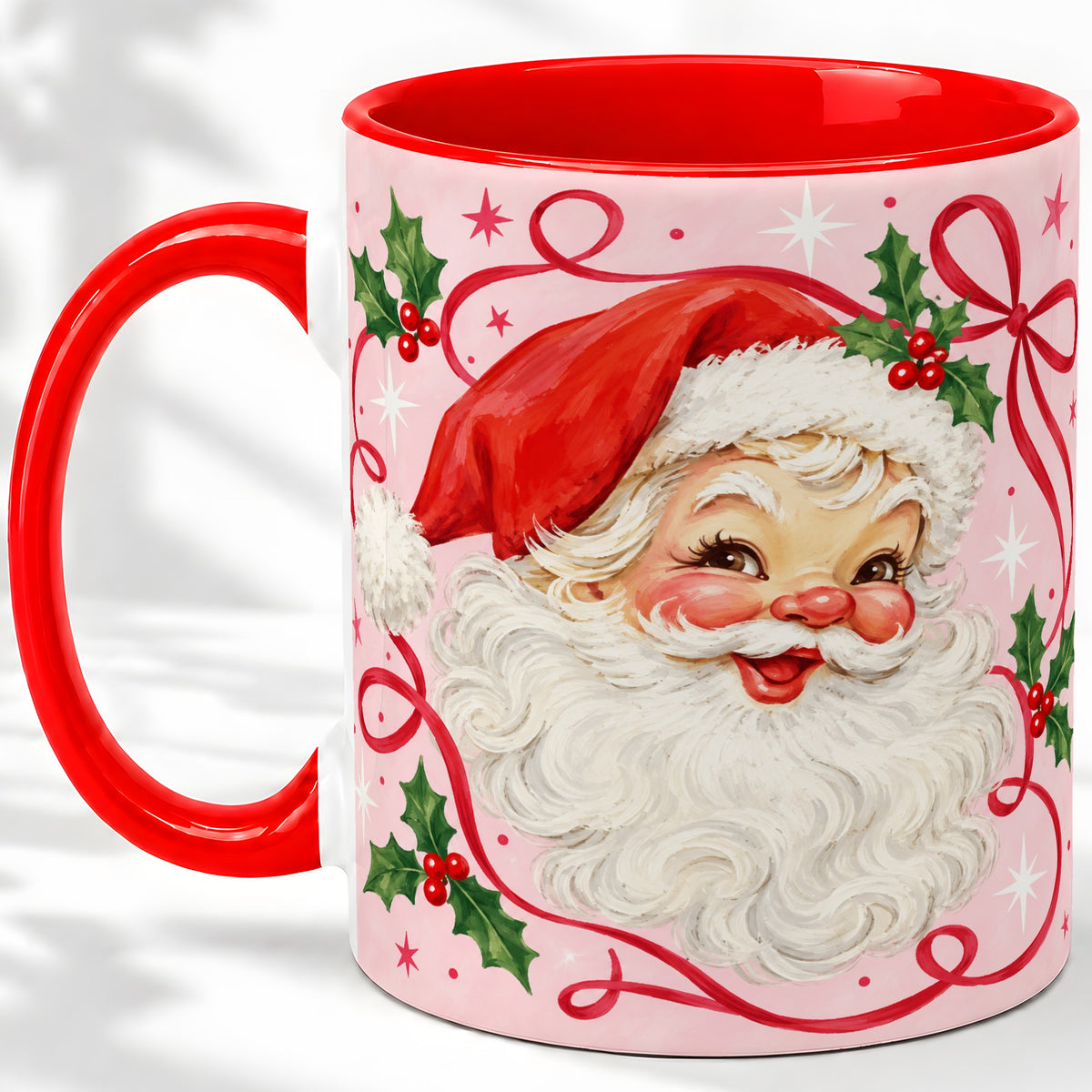 Pink Santa Christmas Ceramic Mug with Holly and Ribbon Holiday Artwork