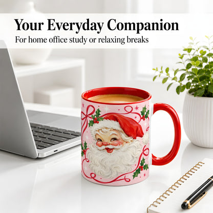 #pl[11oz|Red] Pink Santa Christmas Ceramic Mug with Holly and Ribbon Holiday Artwork