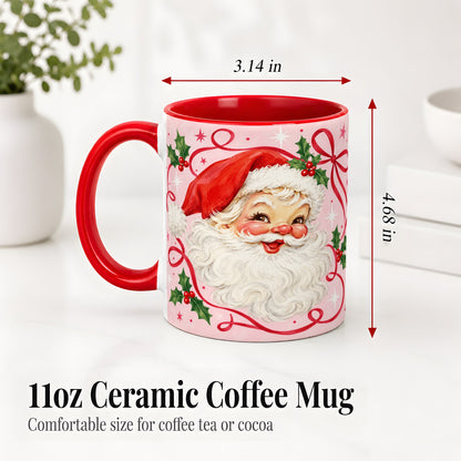 #pl[11oz|Red] Pink Santa Christmas Ceramic Mug with Holly and Ribbon Holiday Artwork