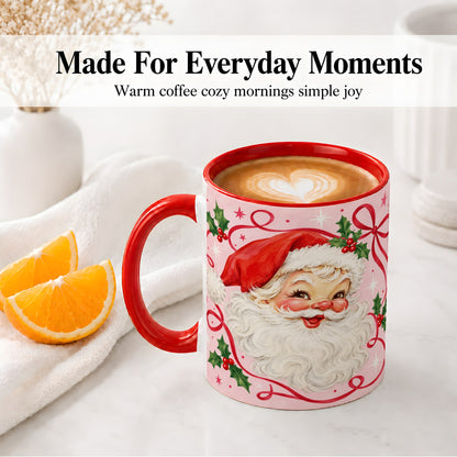 #pl[11oz|Red] Pink Santa Christmas Ceramic Mug with Holly and Ribbon Holiday Artwork