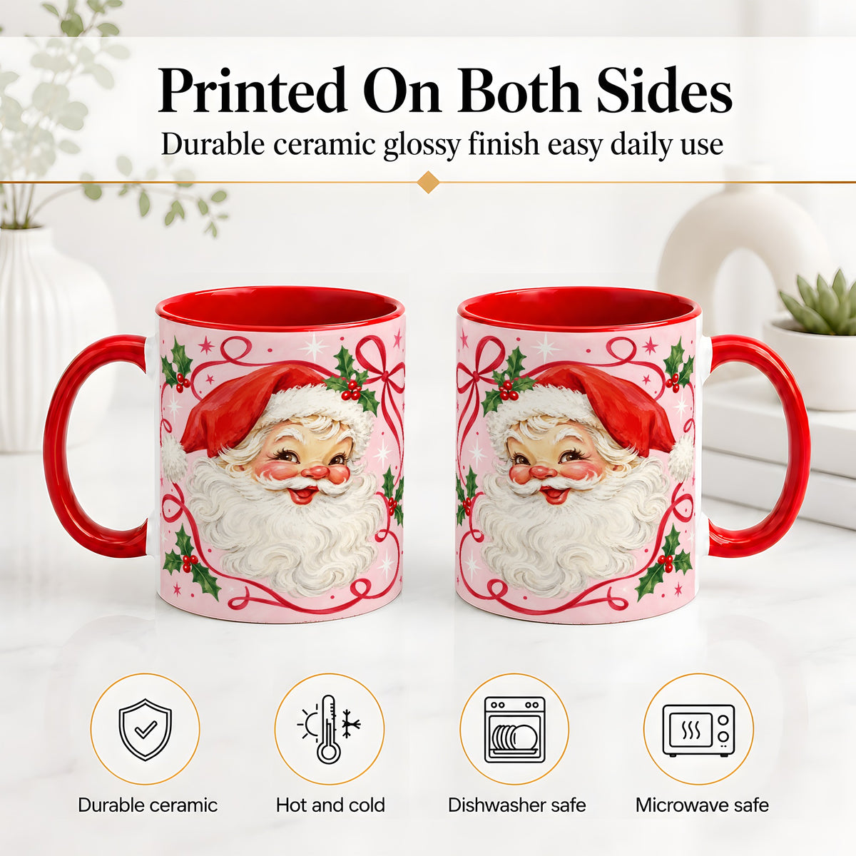 #pl[11oz|Red] Pink Santa Christmas Ceramic Mug with Holly and Ribbon Holiday Artwork