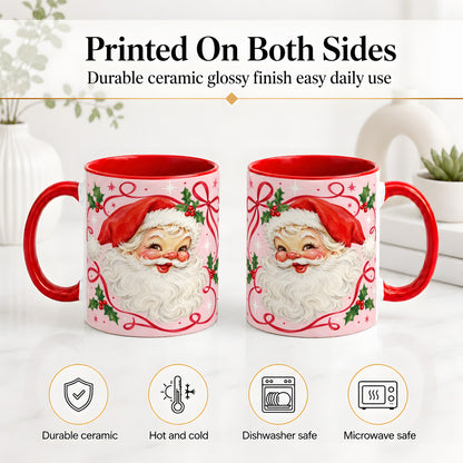 #pl[11oz|Red] Pink Santa Christmas Ceramic Mug with Holly and Ribbon Holiday Artwork