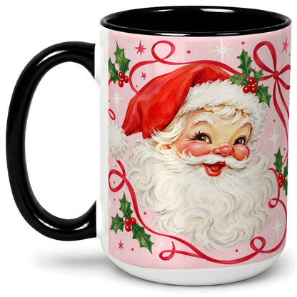 #pl[15oz|Black] Pink Santa Christmas Ceramic Mug with Holly and Ribbon Holiday Artwork