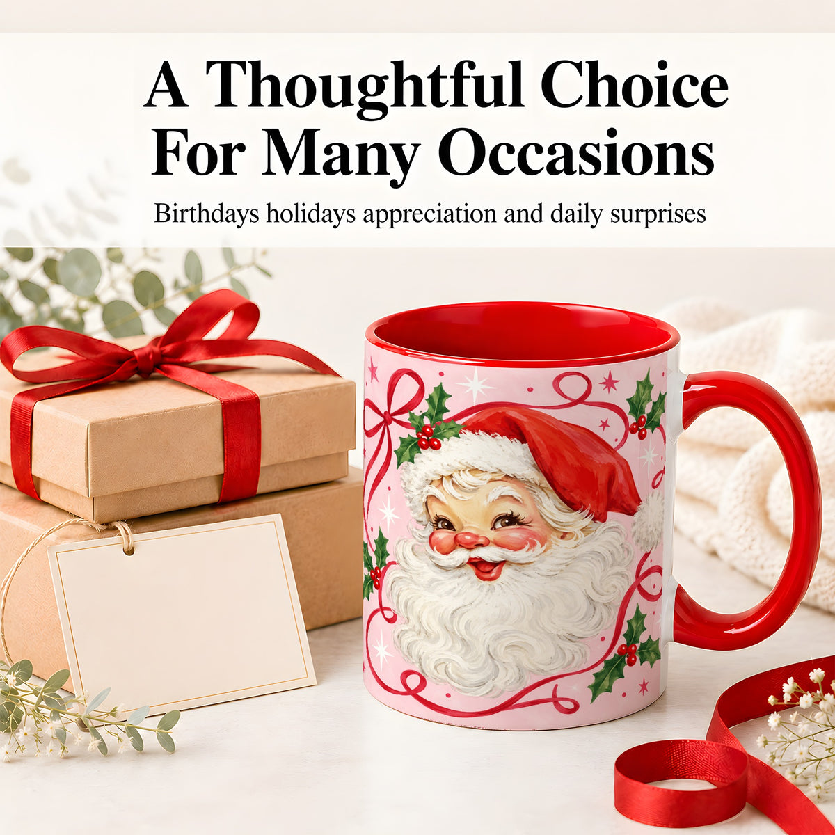 #pl[11oz|Red] Pink Santa Christmas Ceramic Mug with Holly and Ribbon Holiday Artwork
