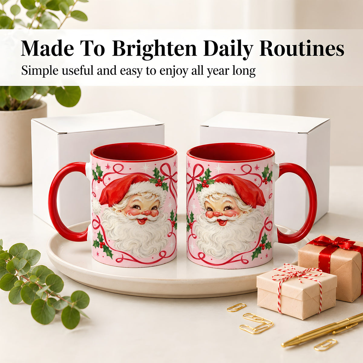 #pl[11oz|Red] Pink Santa Christmas Ceramic Mug with Holly and Ribbon Holiday Artwork