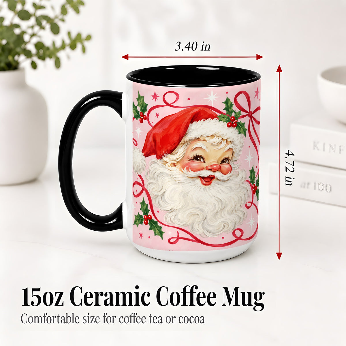 #pl[15oz|Black] Pink Santa Christmas Ceramic Mug with Holly and Ribbon Holiday Artwork