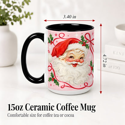 #pl[15oz|Black] Pink Santa Christmas Ceramic Mug with Holly and Ribbon Holiday Artwork