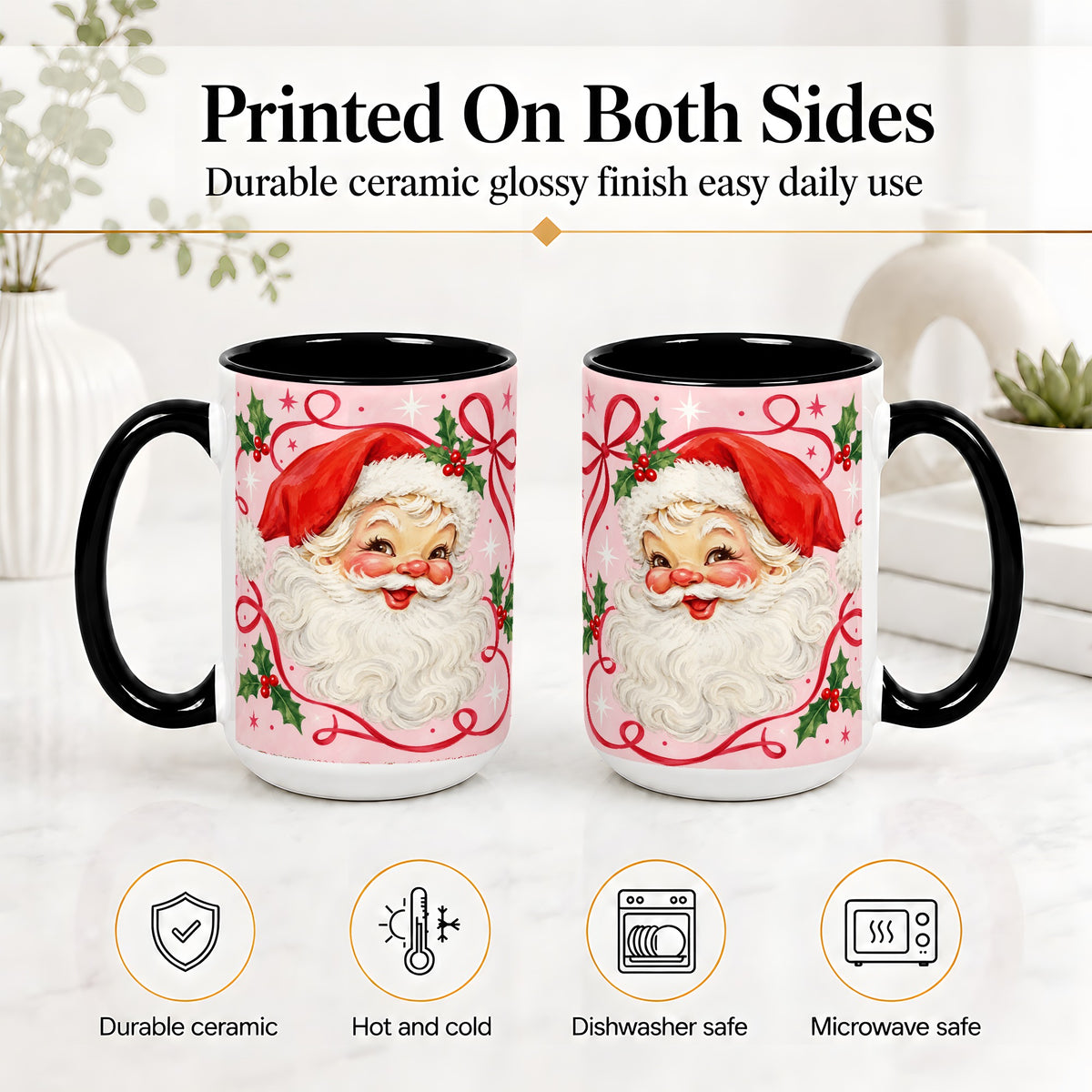 #pl[15oz|Black] Pink Santa Christmas Ceramic Mug with Holly and Ribbon Holiday Artwork