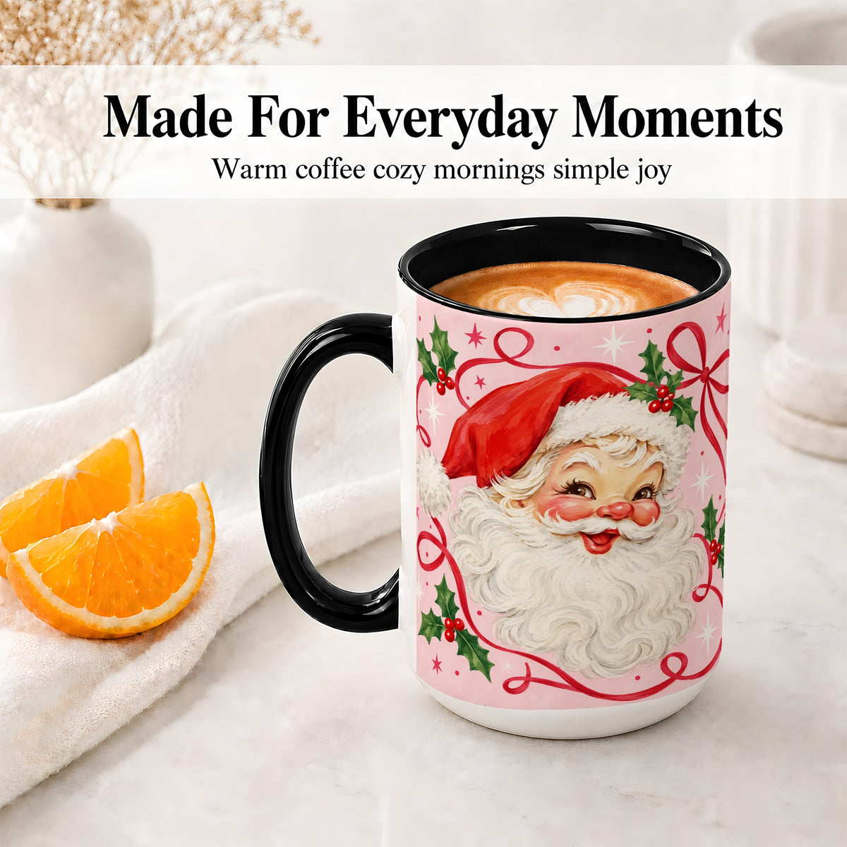 #pl[15oz|Black] Pink Santa Christmas Ceramic Mug with Holly and Ribbon Holiday Artwork