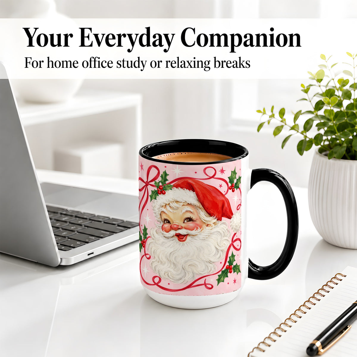 #pl[15oz|Black] Pink Santa Christmas Ceramic Mug with Holly and Ribbon Holiday Artwork