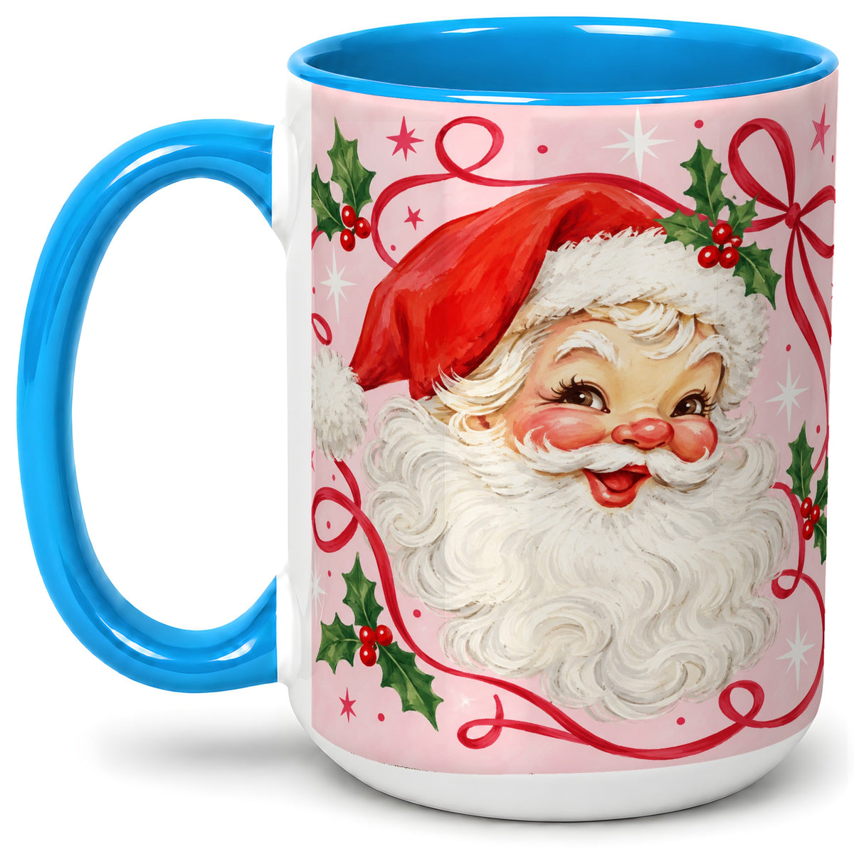 #pl[15oz|Blue] Pink Santa Christmas Ceramic Mug with Holly and Ribbon Holiday Artwork