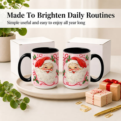 #pl[15oz|Black] Pink Santa Christmas Ceramic Mug with Holly and Ribbon Holiday Artwork