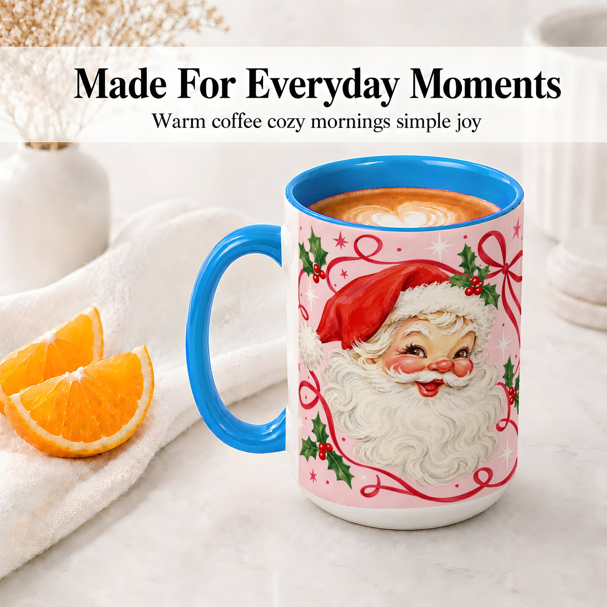 #pl[15oz|Blue] Pink Santa Christmas Ceramic Mug with Holly and Ribbon Holiday Artwork