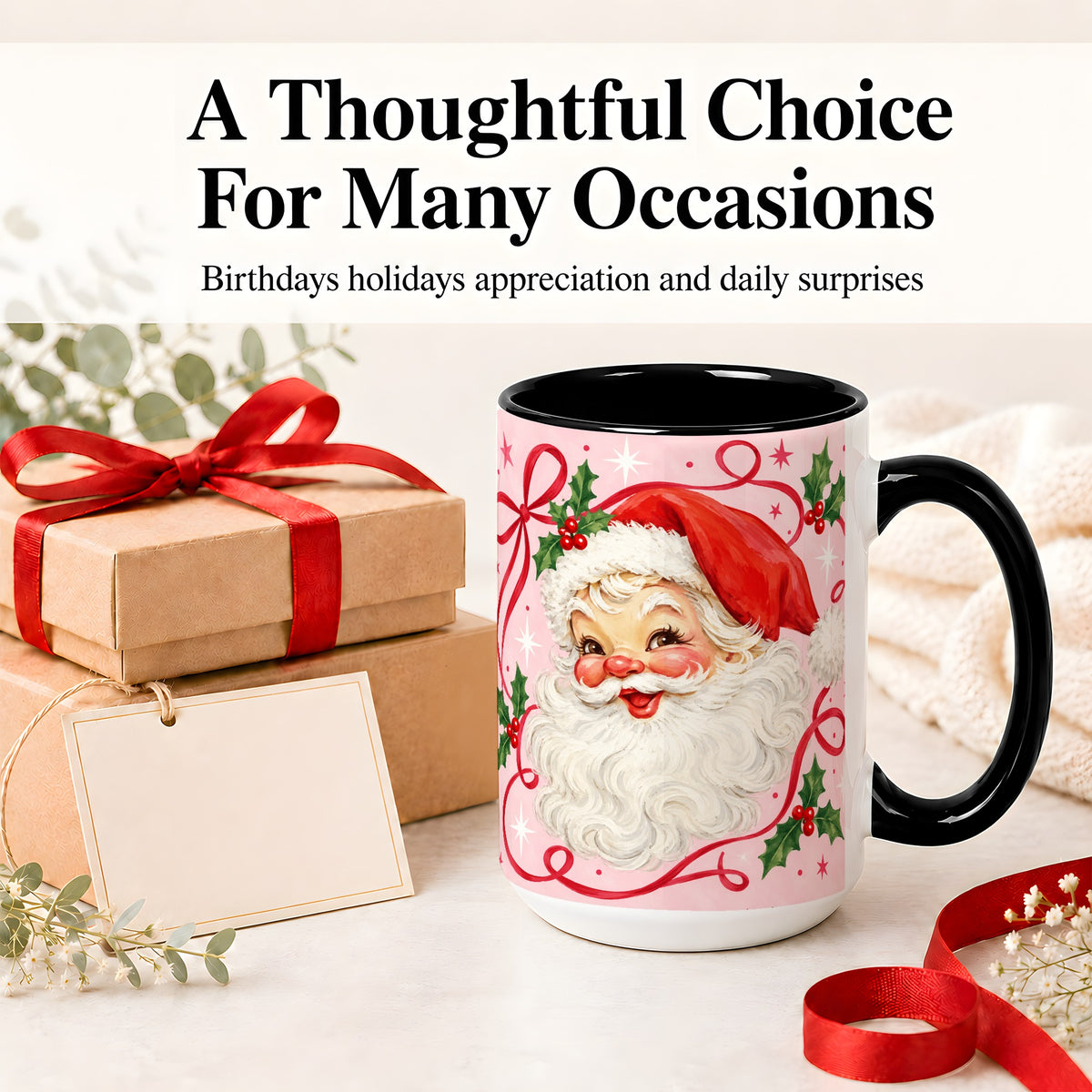 #pl[15oz|Black] Pink Santa Christmas Ceramic Mug with Holly and Ribbon Holiday Artwork