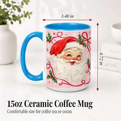 #pl[15oz|Blue] Pink Santa Christmas Ceramic Mug with Holly and Ribbon Holiday Artwork