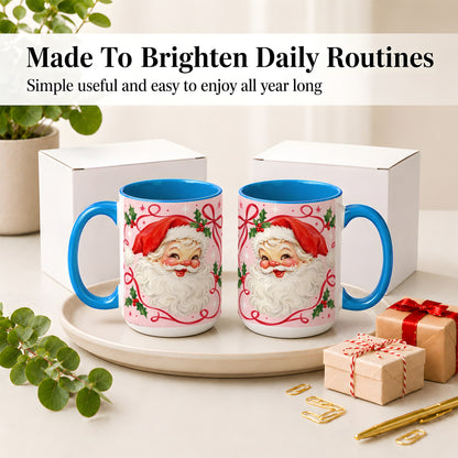 #pl[15oz|Blue] Pink Santa Christmas Ceramic Mug with Holly and Ribbon Holiday Artwork