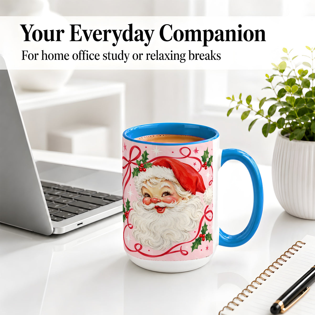 #pl[15oz|Blue] Pink Santa Christmas Ceramic Mug with Holly and Ribbon Holiday Artwork