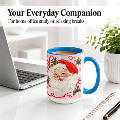 #pl[15oz|Blue] Pink Santa Christmas Ceramic Mug with Holly and Ribbon Holiday Artwork