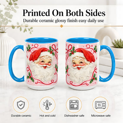 #pl[15oz|Blue] Pink Santa Christmas Ceramic Mug with Holly and Ribbon Holiday Artwork