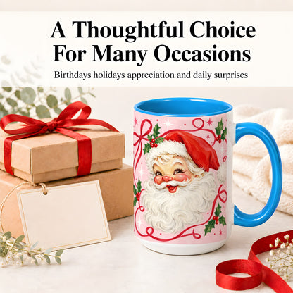 #pl[15oz|Blue] Pink Santa Christmas Ceramic Mug with Holly and Ribbon Holiday Artwork