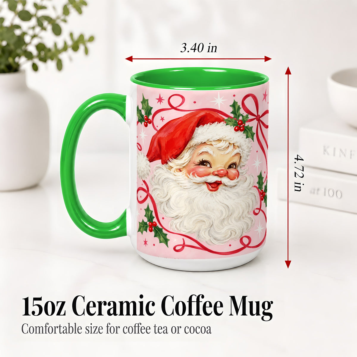 #pl[15oz|Green] Pink Santa Christmas Ceramic Mug with Holly and Ribbon Holiday Artwork