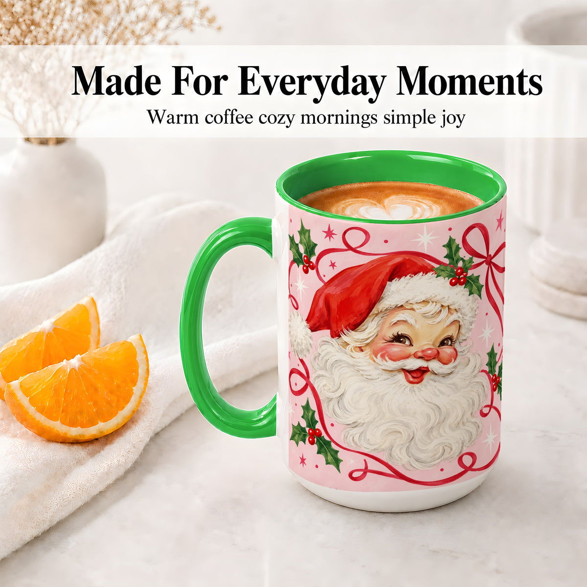 #pl[15oz|Green] Pink Santa Christmas Ceramic Mug with Holly and Ribbon Holiday Artwork