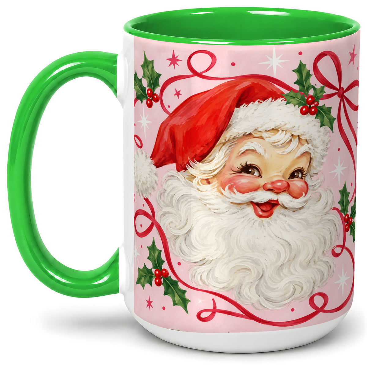 #pl[15oz|Green] Pink Santa Christmas Ceramic Mug with Holly and Ribbon Holiday Artwork