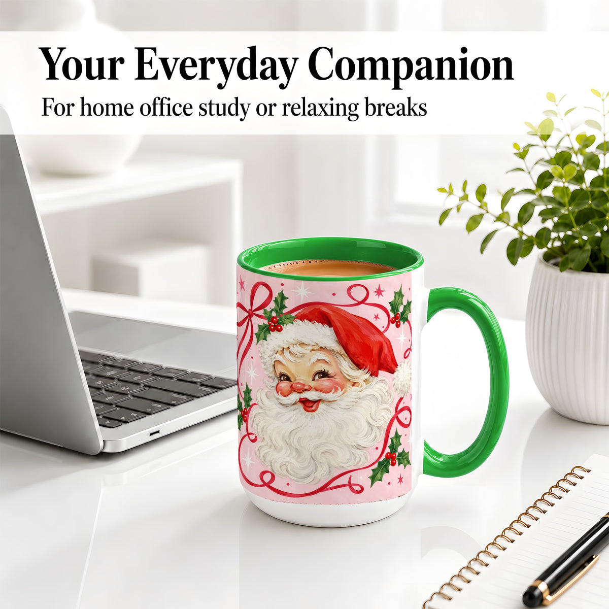 #pl[15oz|Green] Pink Santa Christmas Ceramic Mug with Holly and Ribbon Holiday Artwork