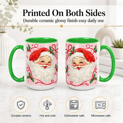 #pl[15oz|Green] Pink Santa Christmas Ceramic Mug with Holly and Ribbon Holiday Artwork