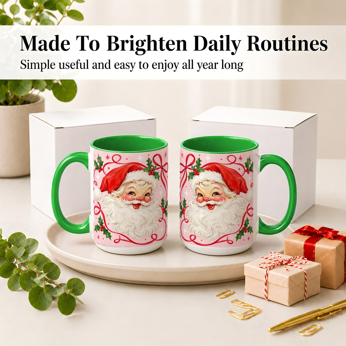 #pl[15oz|Green] Pink Santa Christmas Ceramic Mug with Holly and Ribbon Holiday Artwork