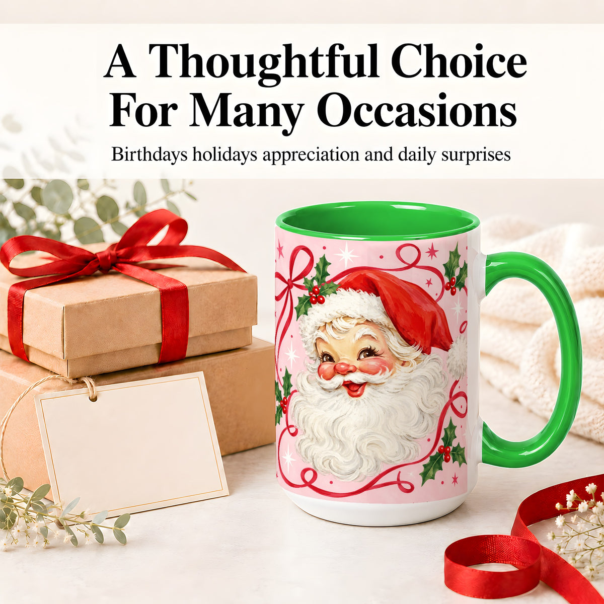 #pl[15oz|Green] Pink Santa Christmas Ceramic Mug with Holly and Ribbon Holiday Artwork