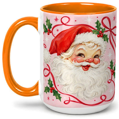 #pl[15oz|Orange] Pink Santa Christmas Ceramic Mug with Holly and Ribbon Holiday Artwork