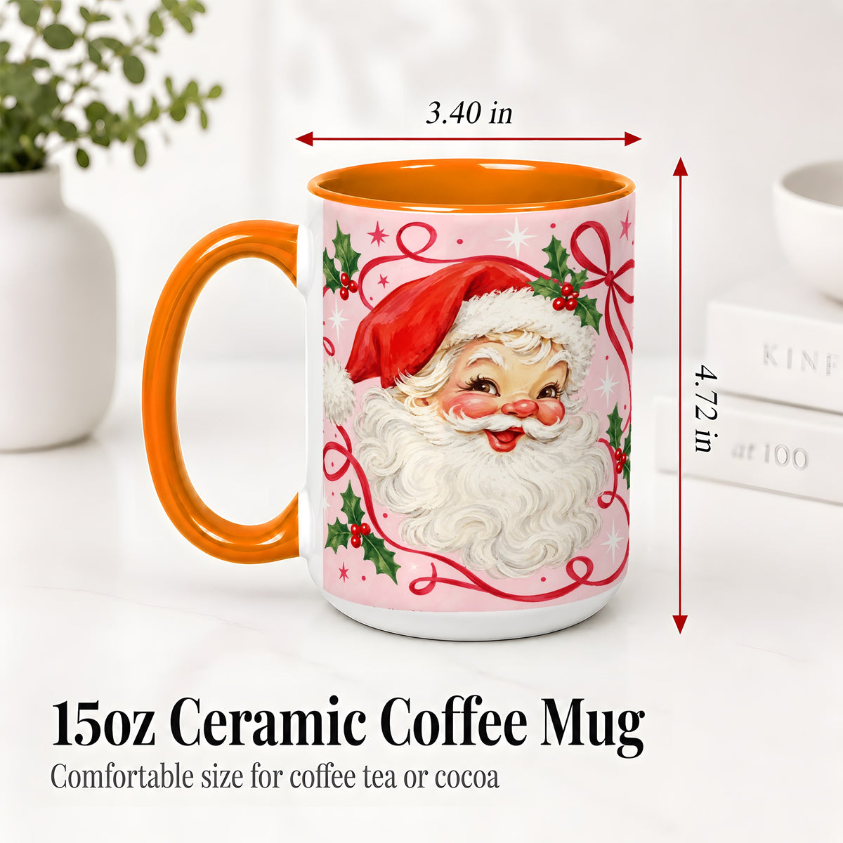 #pl[15oz|Orange] Pink Santa Christmas Ceramic Mug with Holly and Ribbon Holiday Artwork