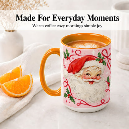 #pl[15oz|Orange] Pink Santa Christmas Ceramic Mug with Holly and Ribbon Holiday Artwork