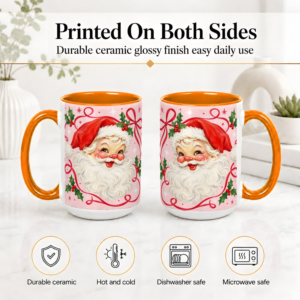 #pl[15oz|Orange] Pink Santa Christmas Ceramic Mug with Holly and Ribbon Holiday Artwork