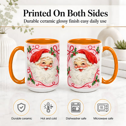 #pl[15oz|Orange] Pink Santa Christmas Ceramic Mug with Holly and Ribbon Holiday Artwork