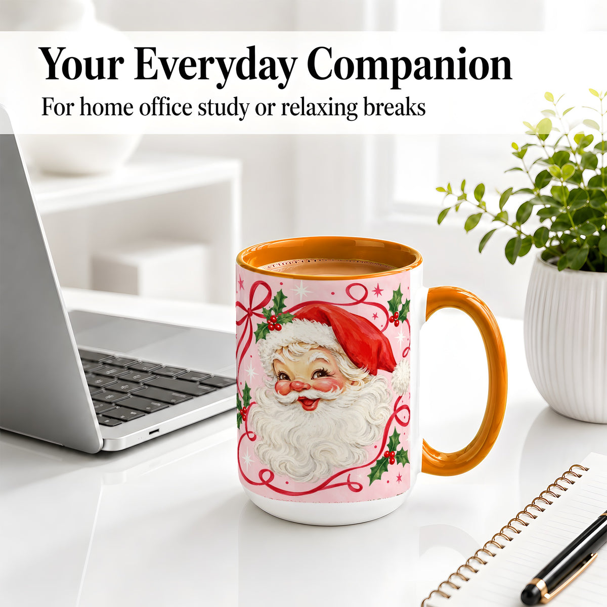 #pl[15oz|Orange] Pink Santa Christmas Ceramic Mug with Holly and Ribbon Holiday Artwork