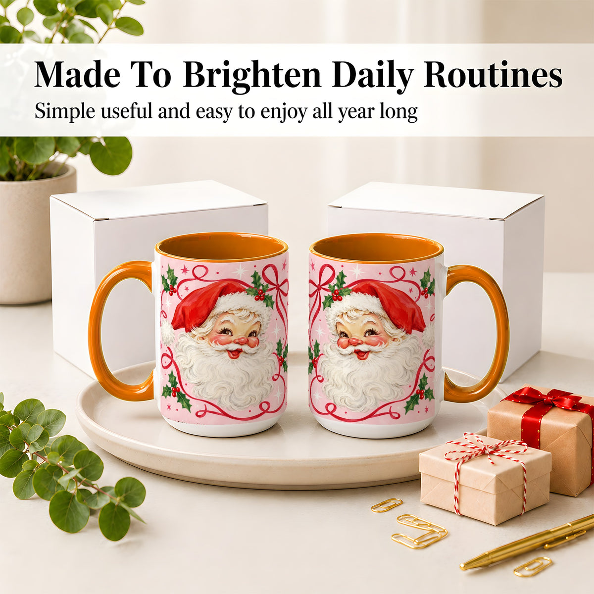 #pl[15oz|Orange] Pink Santa Christmas Ceramic Mug with Holly and Ribbon Holiday Artwork
