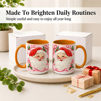#pl[15oz|Orange] Pink Santa Christmas Ceramic Mug with Holly and Ribbon Holiday Artwork