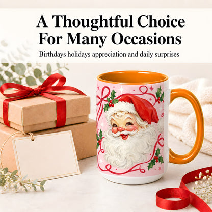 #pl[15oz|Orange] Pink Santa Christmas Ceramic Mug with Holly and Ribbon Holiday Artwork