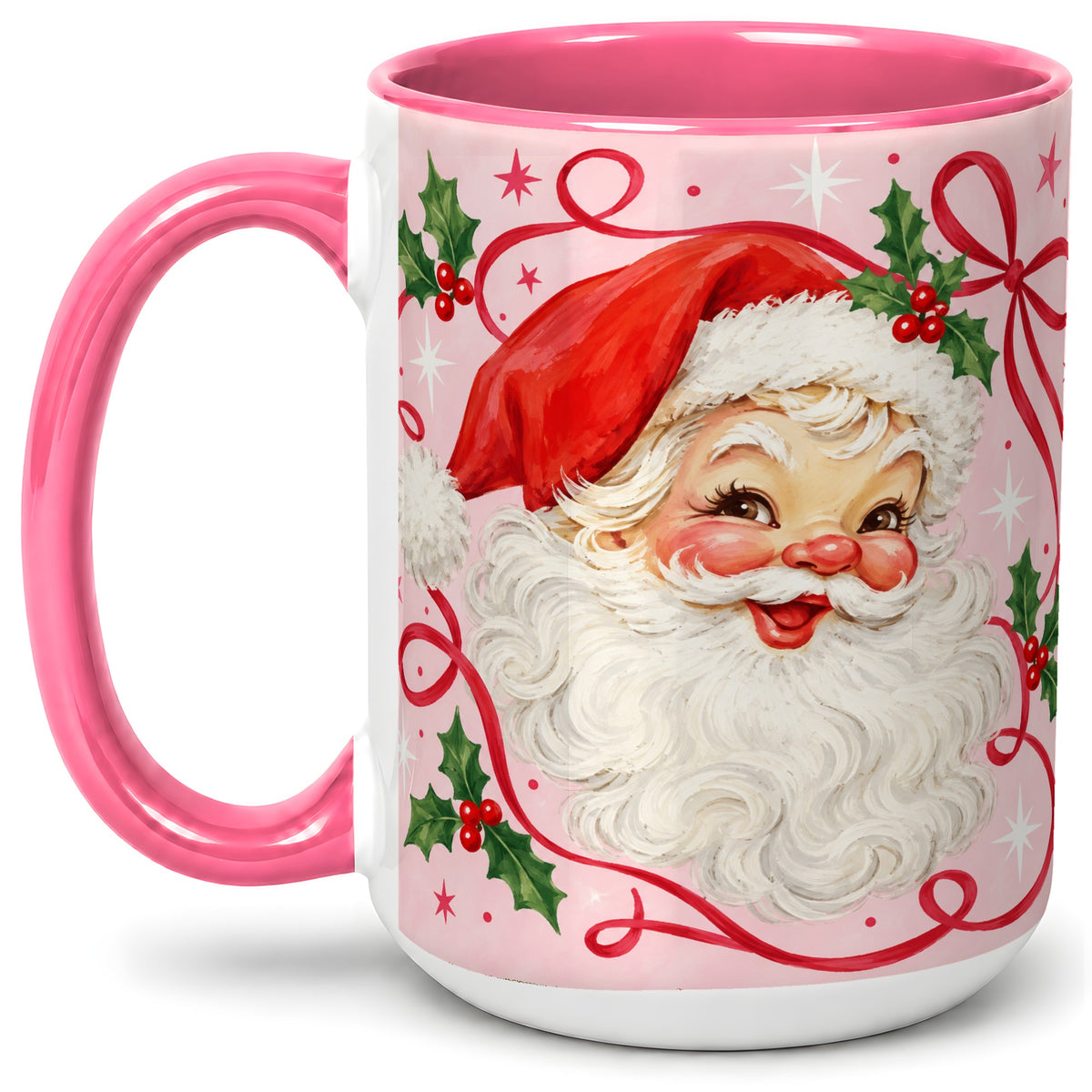 #pl[15oz|Pink] Pink Santa Christmas Ceramic Mug with Holly and Ribbon Holiday Artwork