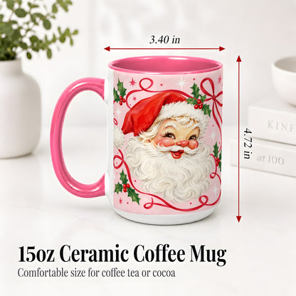 #pl[15oz|Pink] Pink Santa Christmas Ceramic Mug with Holly and Ribbon Holiday Artwork