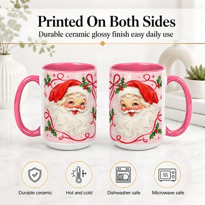 #pl[15oz|Pink] Pink Santa Christmas Ceramic Mug with Holly and Ribbon Holiday Artwork