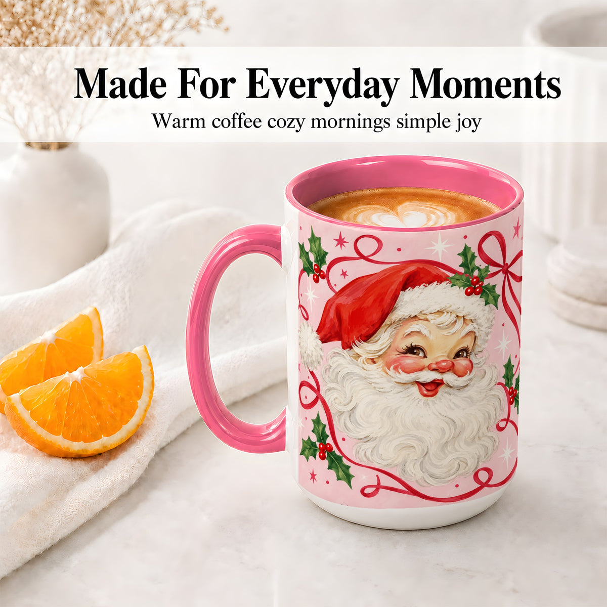 #pl[15oz|Pink] Pink Santa Christmas Ceramic Mug with Holly and Ribbon Holiday Artwork