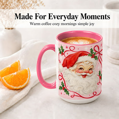 #pl[15oz|Pink] Pink Santa Christmas Ceramic Mug with Holly and Ribbon Holiday Artwork